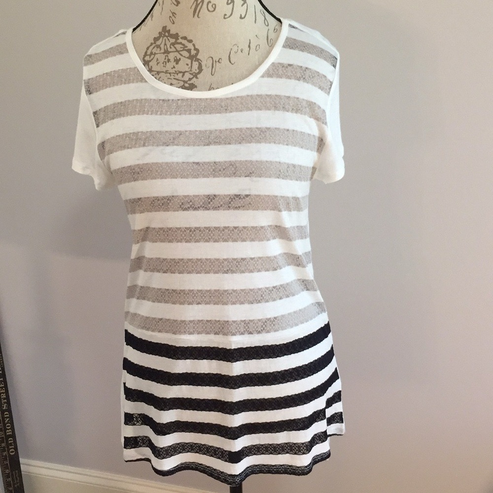 Hem & Thread Lace Striped Short Sleeve Top Black/Beige Large